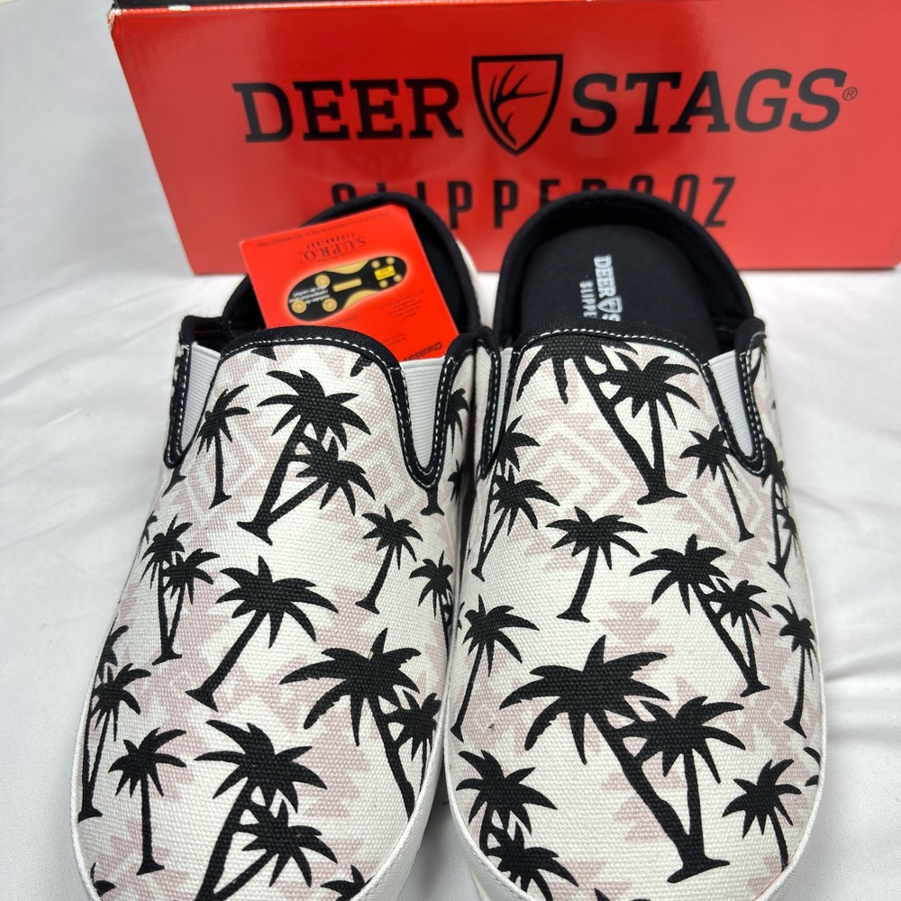 Deer Stags Spike Palm Tree Slip-On‎ Shoes White/Black Men’s Size 9M